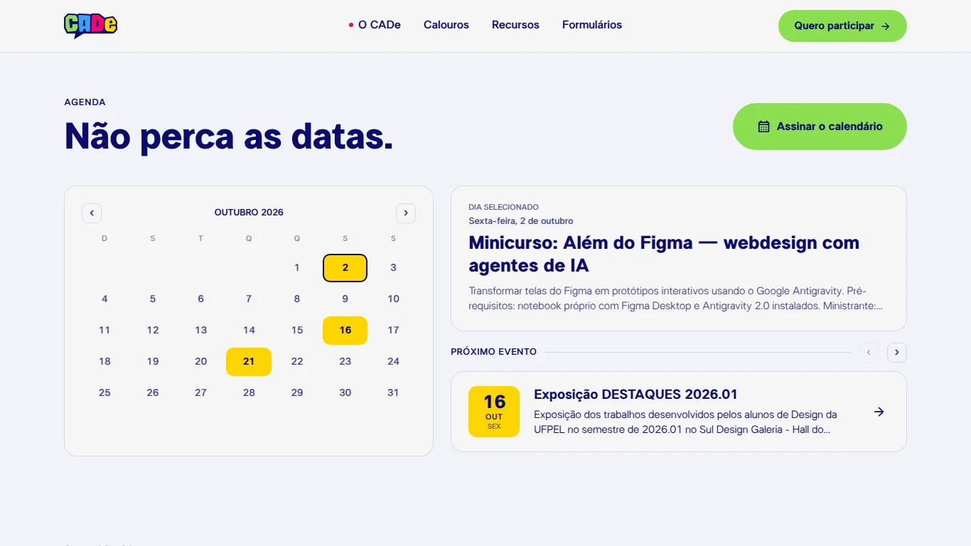 Seção de agenda de eventos