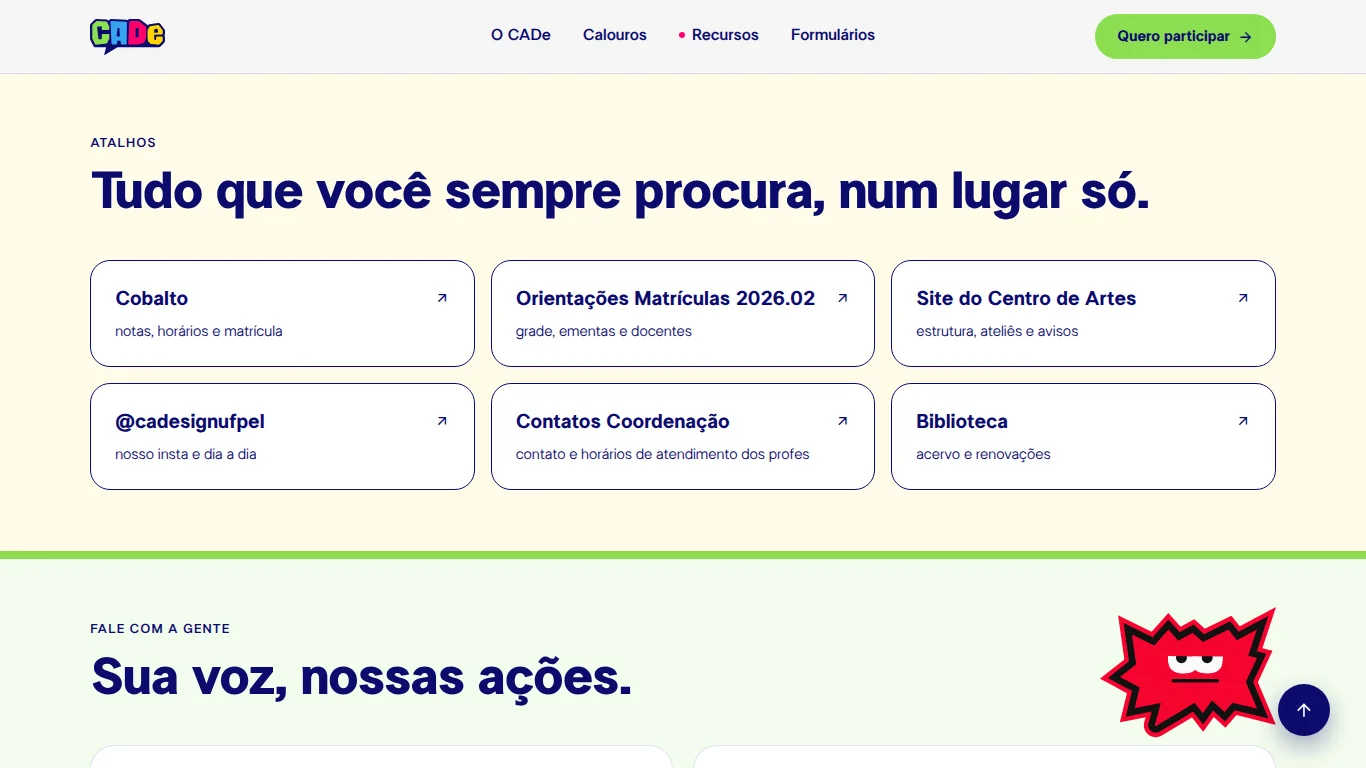 Seção de atalhos com links úteis para estudantes