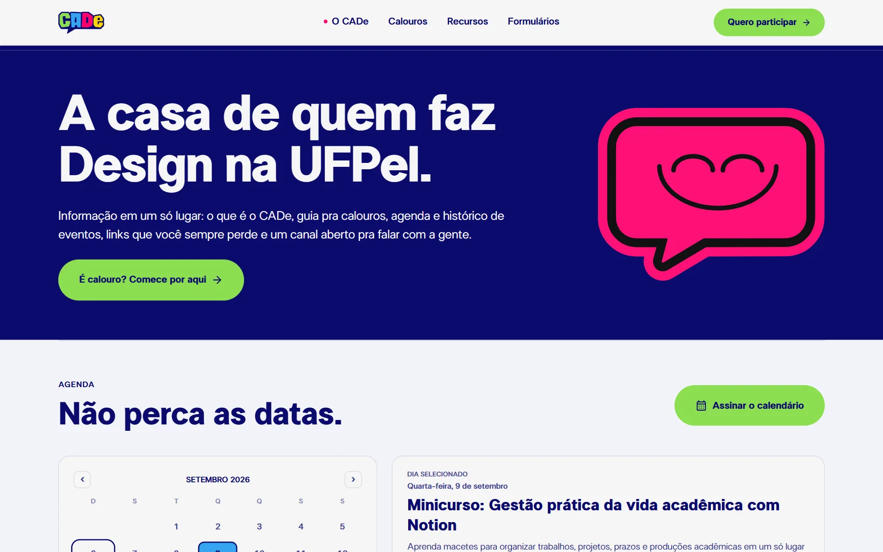 Captura da página inicial do CADe UFPel, com a navegação, o hero e o início da agenda de eventos.