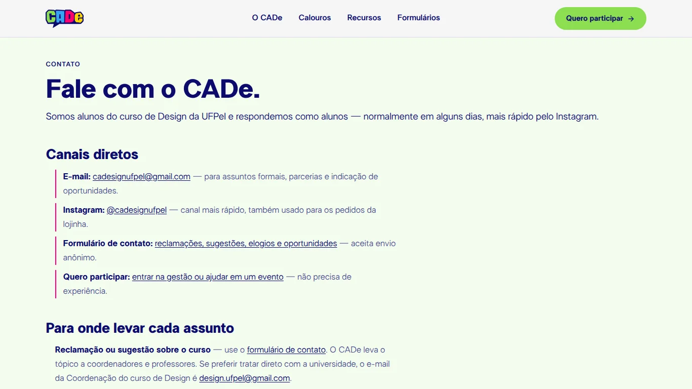 Página de contato do CADe