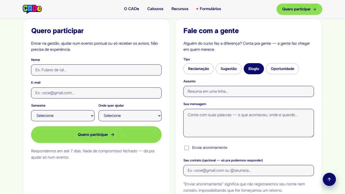 Seção de formulários para participar da gestão e enviar sugestões
