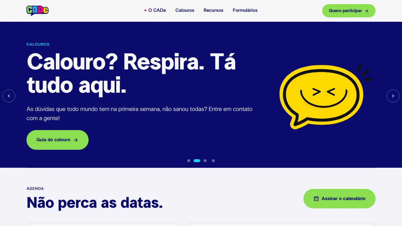 Topo da página inicial do CADe UFPel, com a navegação e o hero