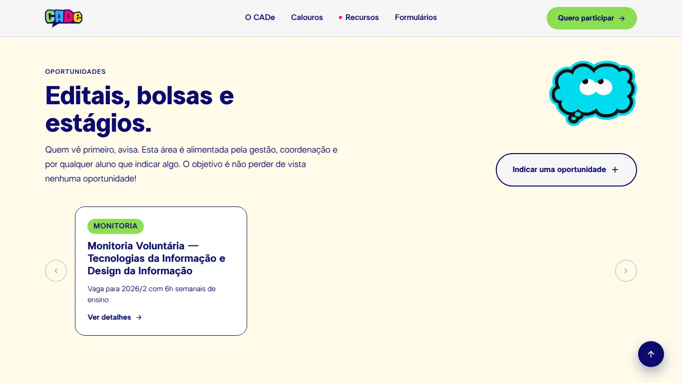 Seção de oportunidades: editais, bolsas e estágios