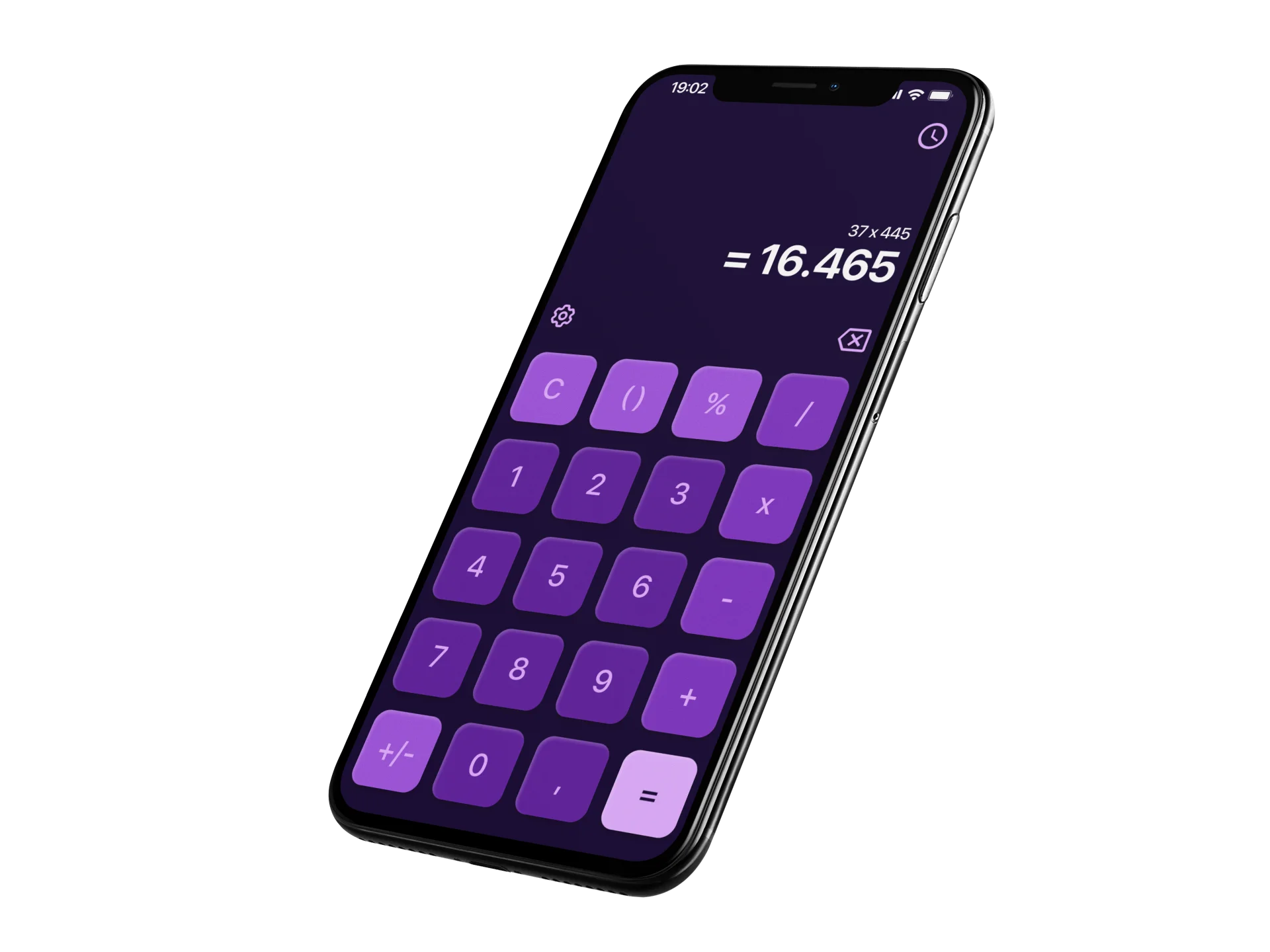 Mockup do app de calculadora minimalista em tons de roxo