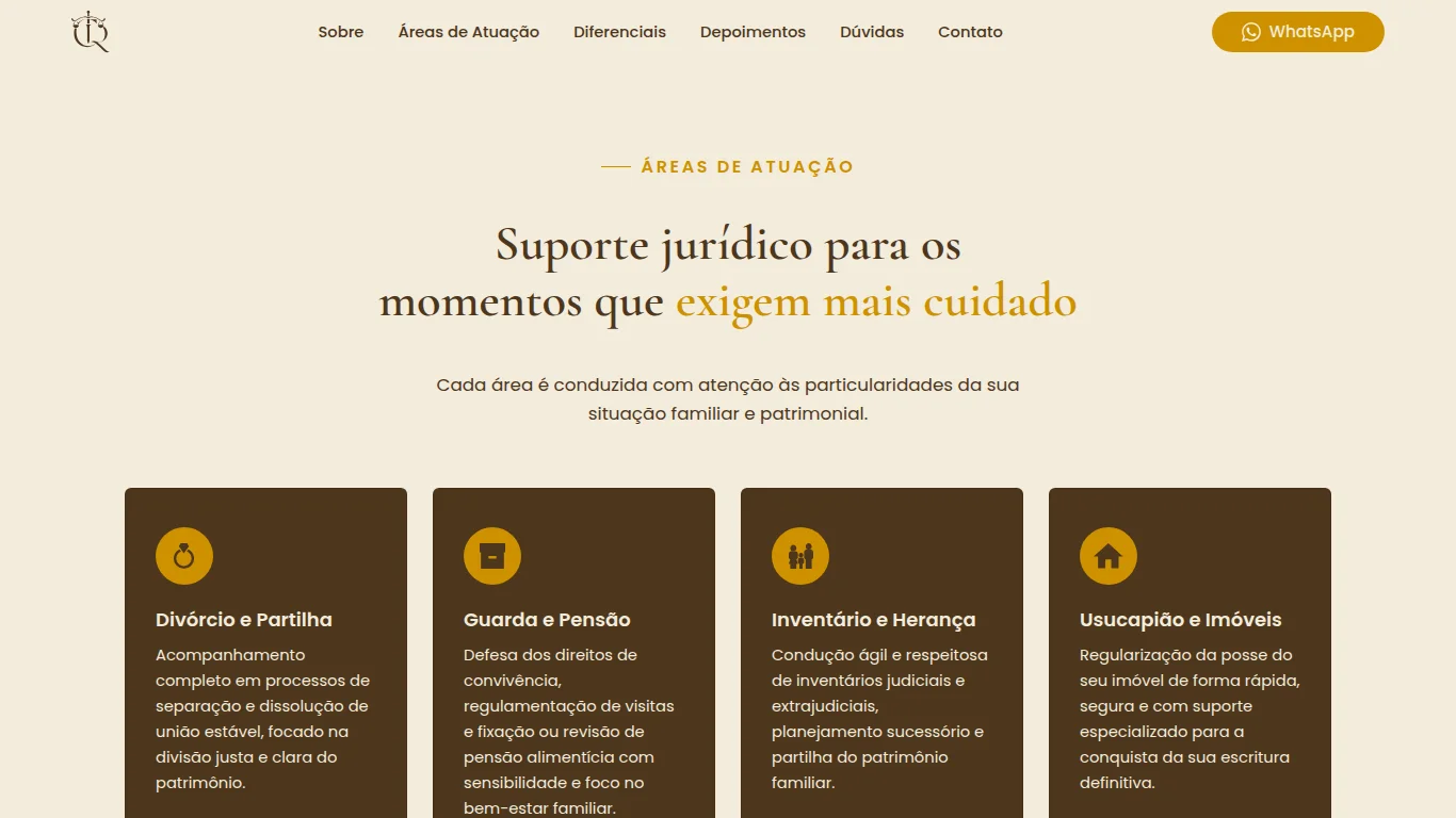 Seção de áreas de atuação: divórcio e partilha, guarda e pensão, inventário e sucessões