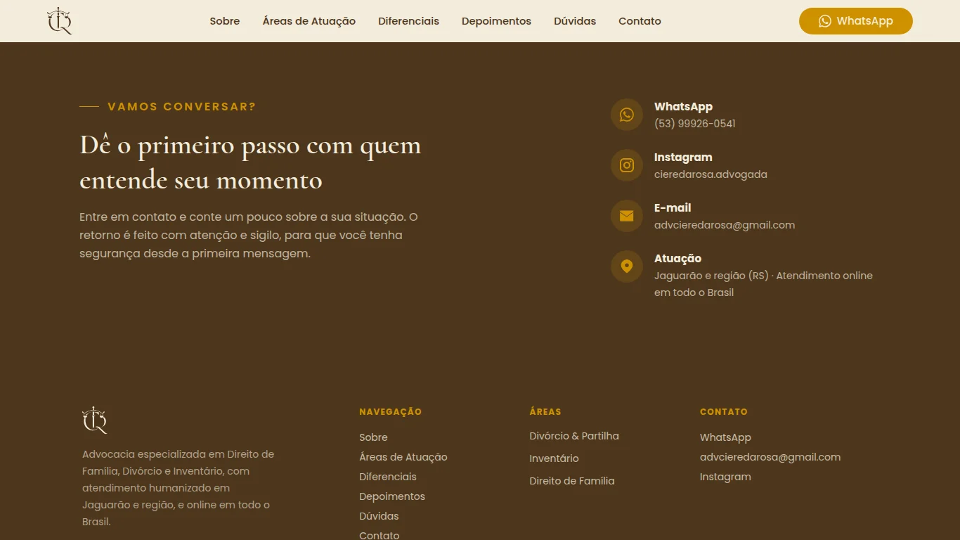 Seção de contato, com chamada para o WhatsApp