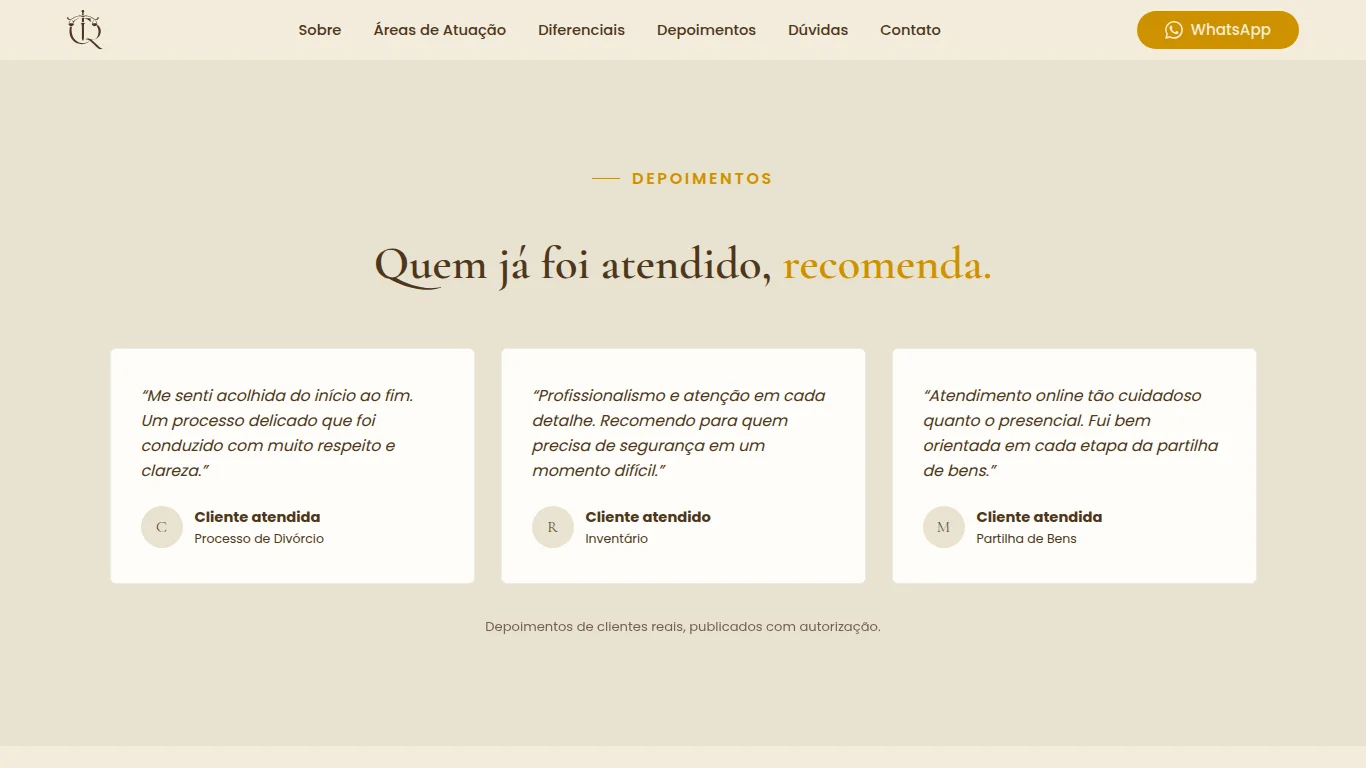 Seção de depoimentos de clientes atendidos