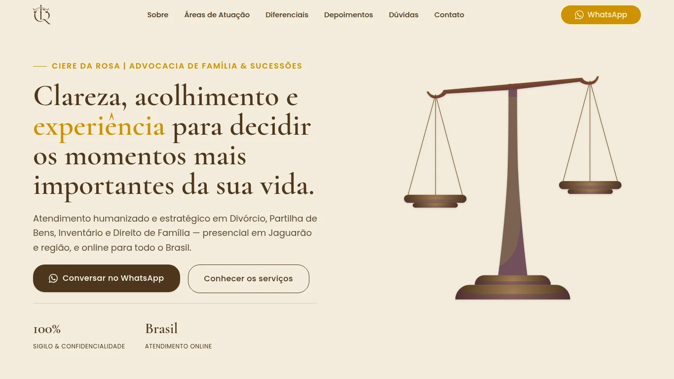 Topo da página inicial do site da Advocacia Ciere da Rosa