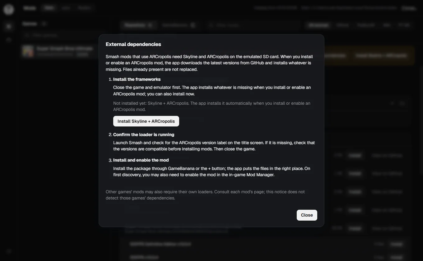 Guia de dependências externas para mods de Smash Ultimate com Skyline e ARCropolis