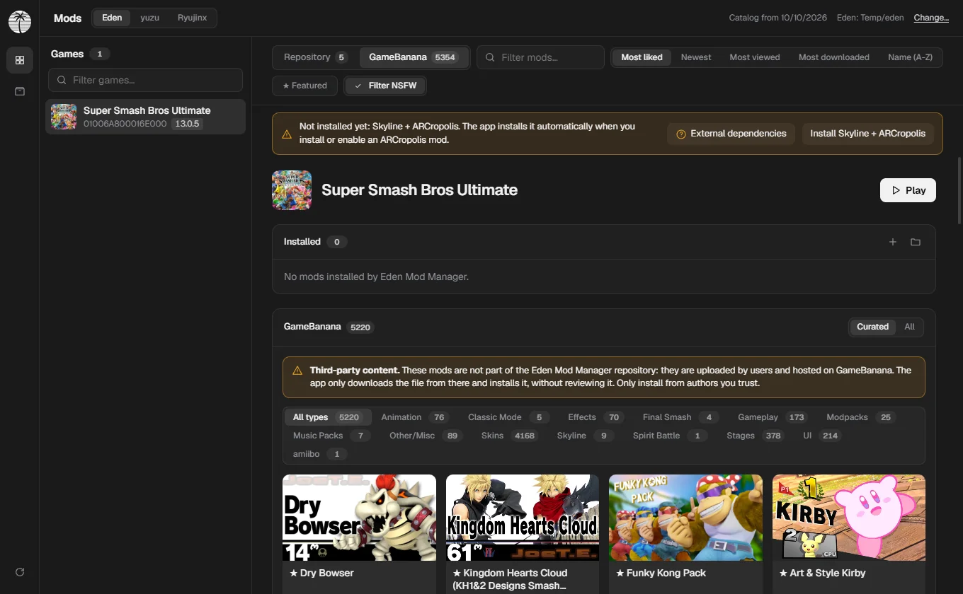 Aba GameBanana com aviso de conteúdo de terceiros e cards de mods