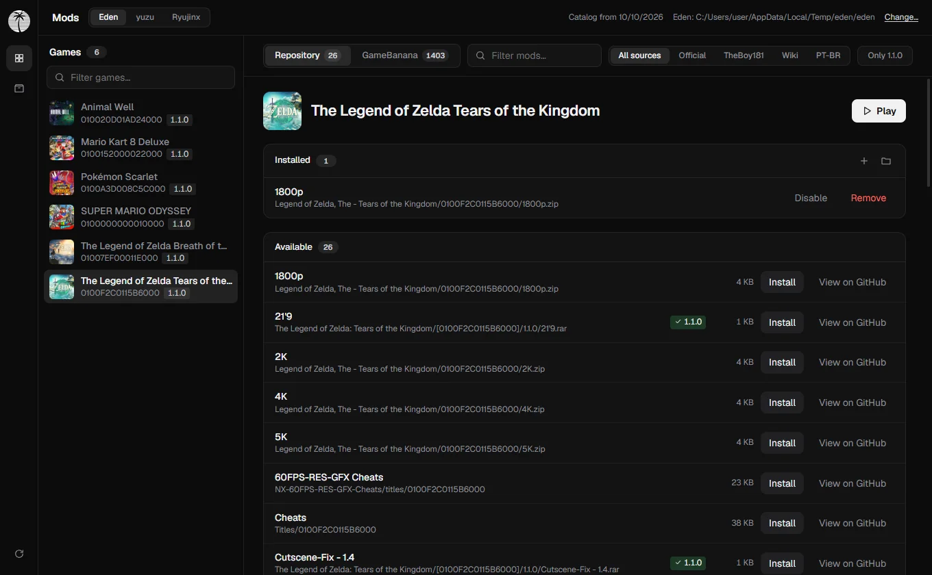 Tela de mods de um jogo, com mods instalados e disponíveis no repositório