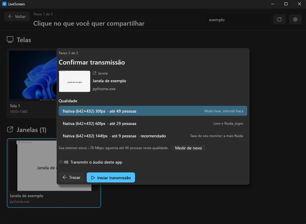 Confirmação da transmissão com o upload medido e quantas pessoas cada qualidade aguenta