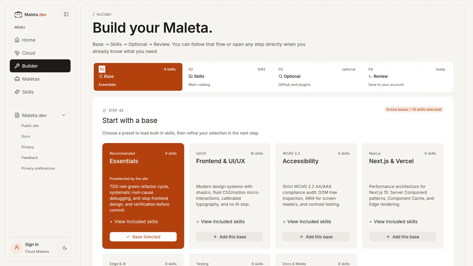 Builder de Maleta.dev com navegação da workspace e a etapa de escolha de uma base de skills.