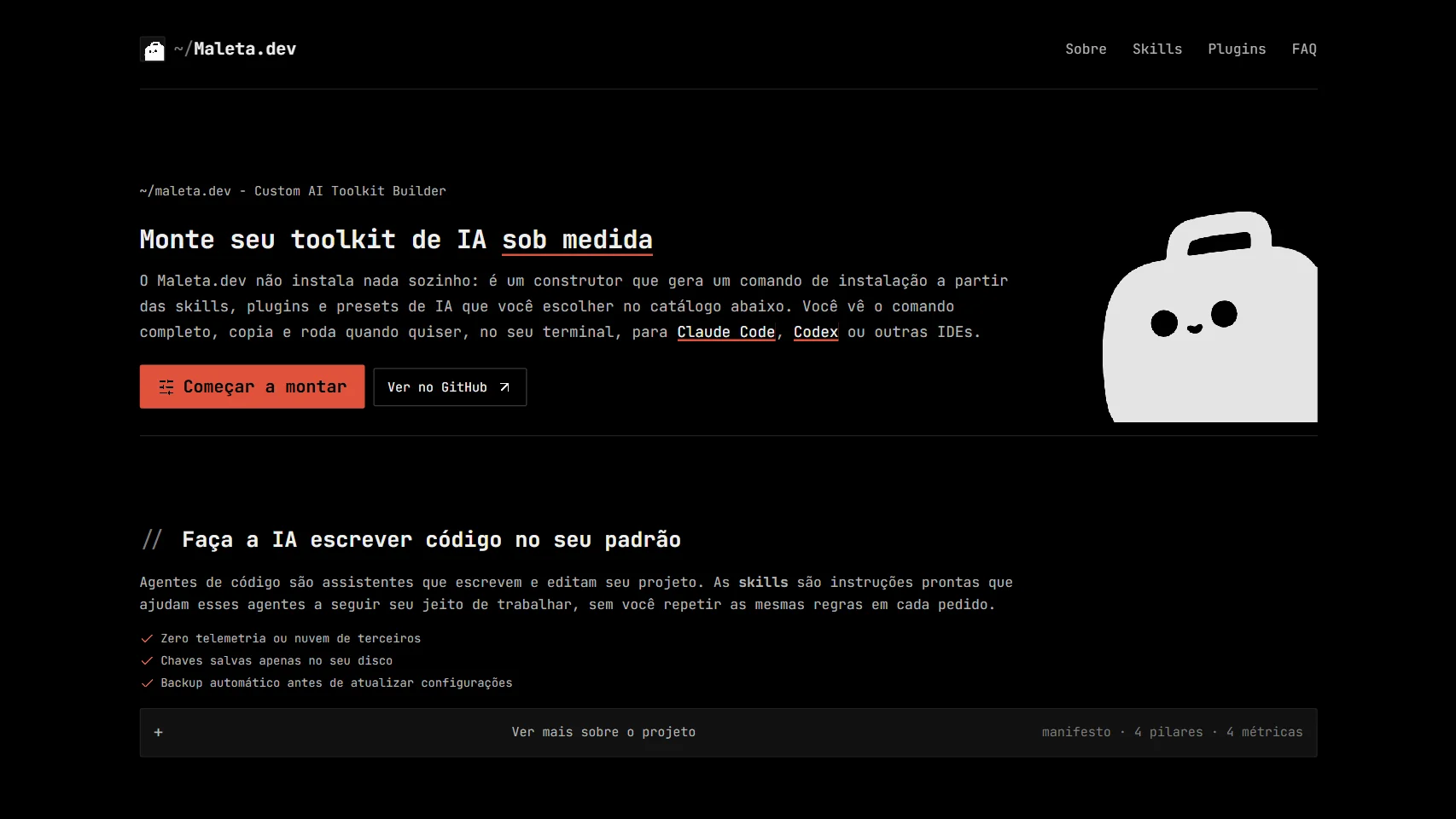 Captura da página inicial do Maleta.dev, com o construtor de toolkit de IA e a navegação do site.