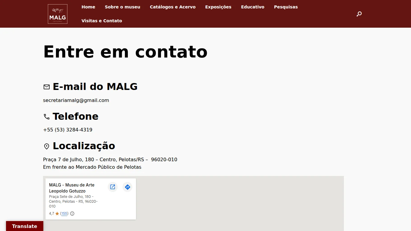 Página de contato do museu
