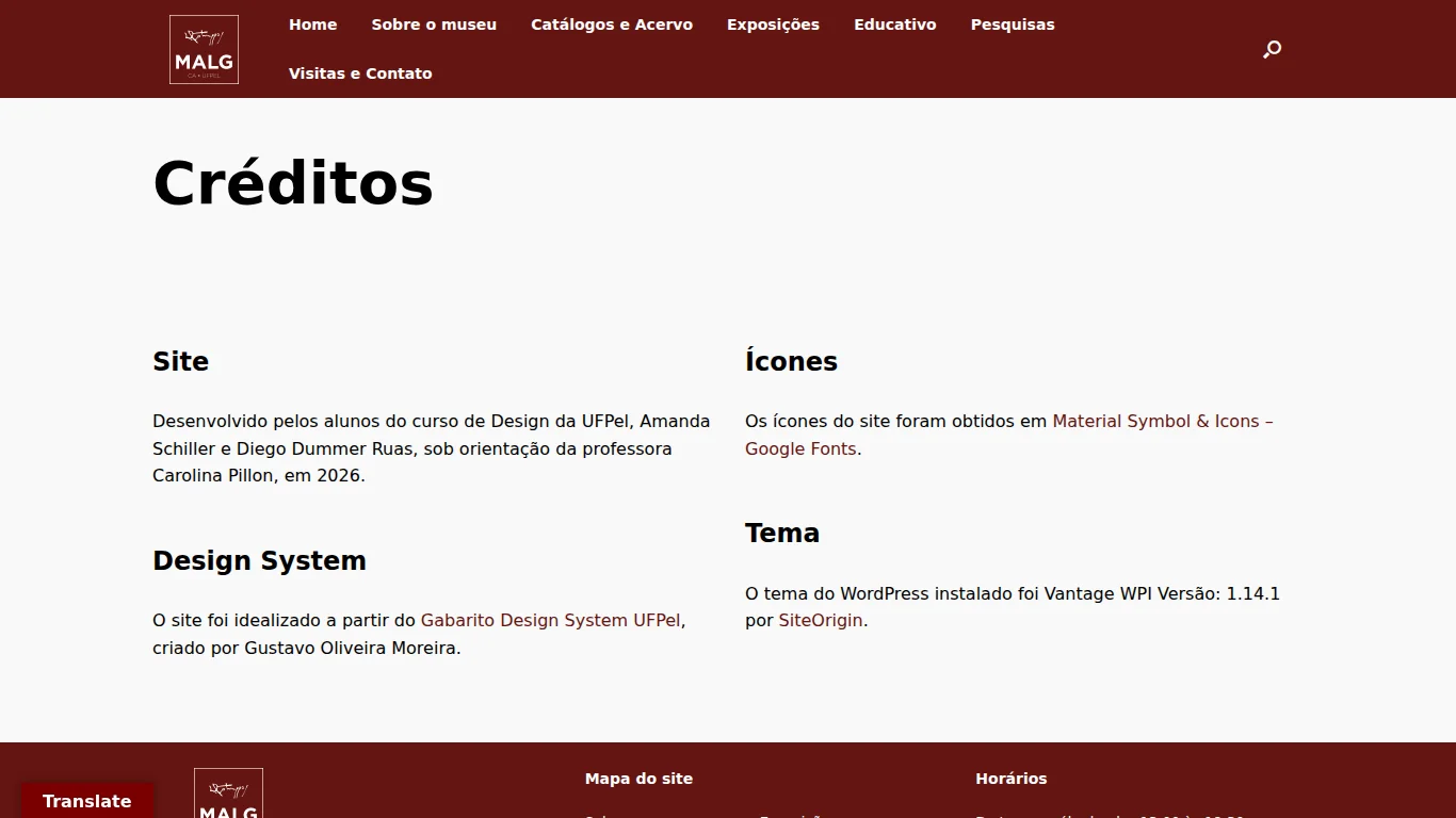 Página de créditos do site, com autoria, design system, ícones e tema do WordPress