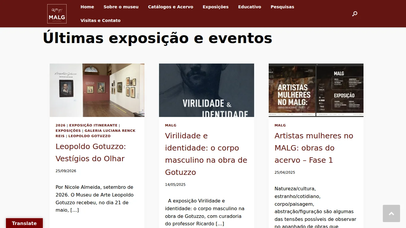 Seção de últimas exposições e eventos da página inicial