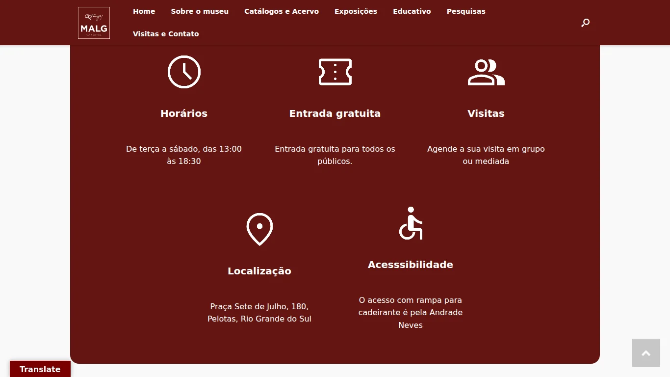 Seção Visite o MALG da página inicial, com horários, entrada gratuita, visitas, localização e acessibilidade