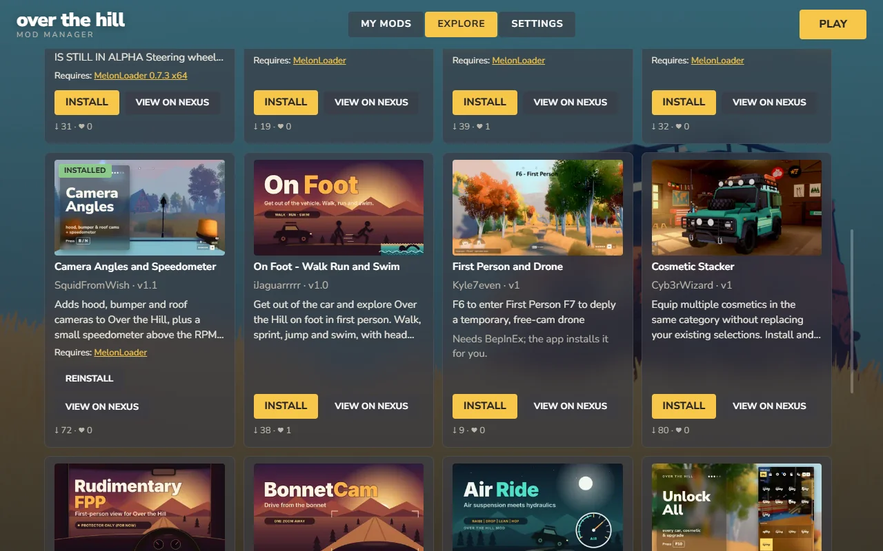 Aba Explorar com selos de mod instalado e de atualização disponível