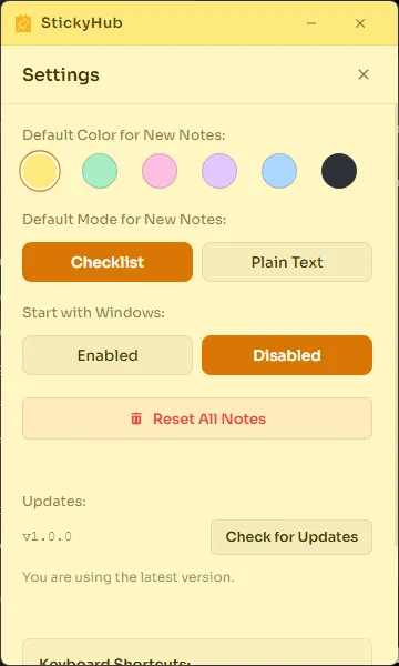 Tela de configurações do StickyHub