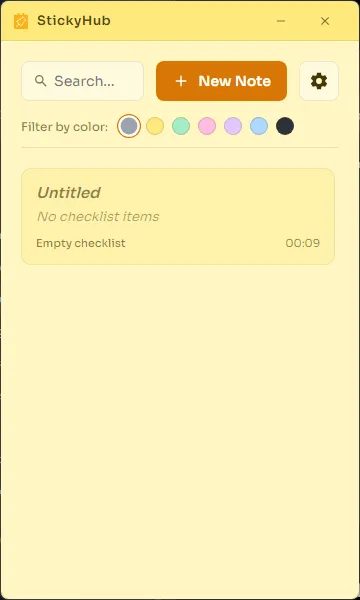 Hub central do StickyHub com busca e filtro por cor
