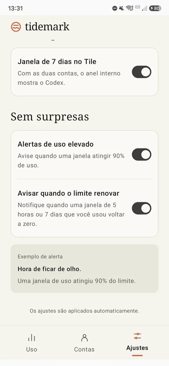 Configurações de Tile, alertas de uso e avisos de renovação