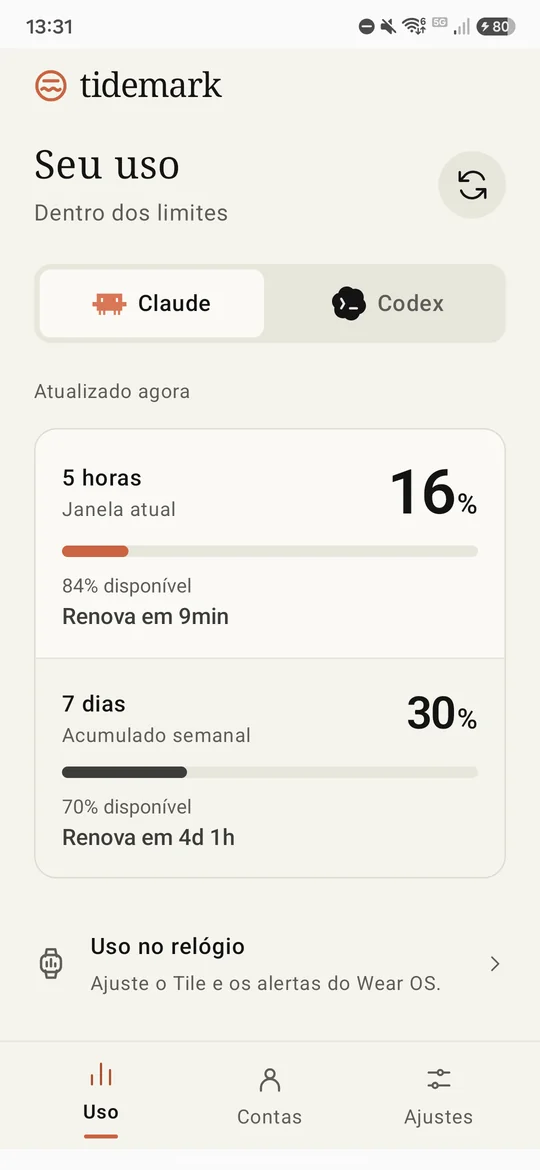 Aba de uso com as janelas de 5 horas e semanal do Claude
