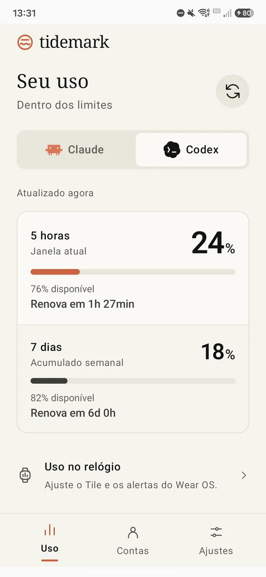 Aba de uso com as janelas de 5 horas e semanal do Codex
